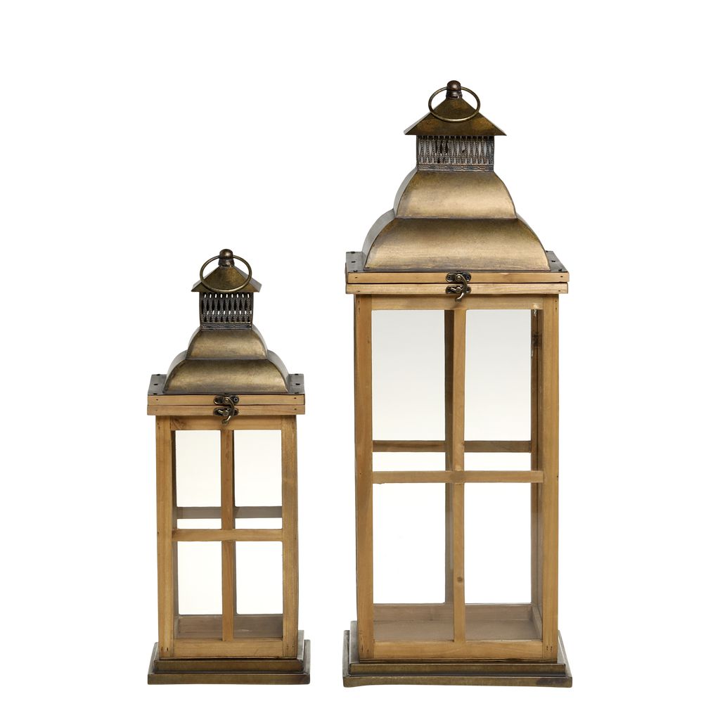 Set van 2 houten lantaarns met glas – naturel