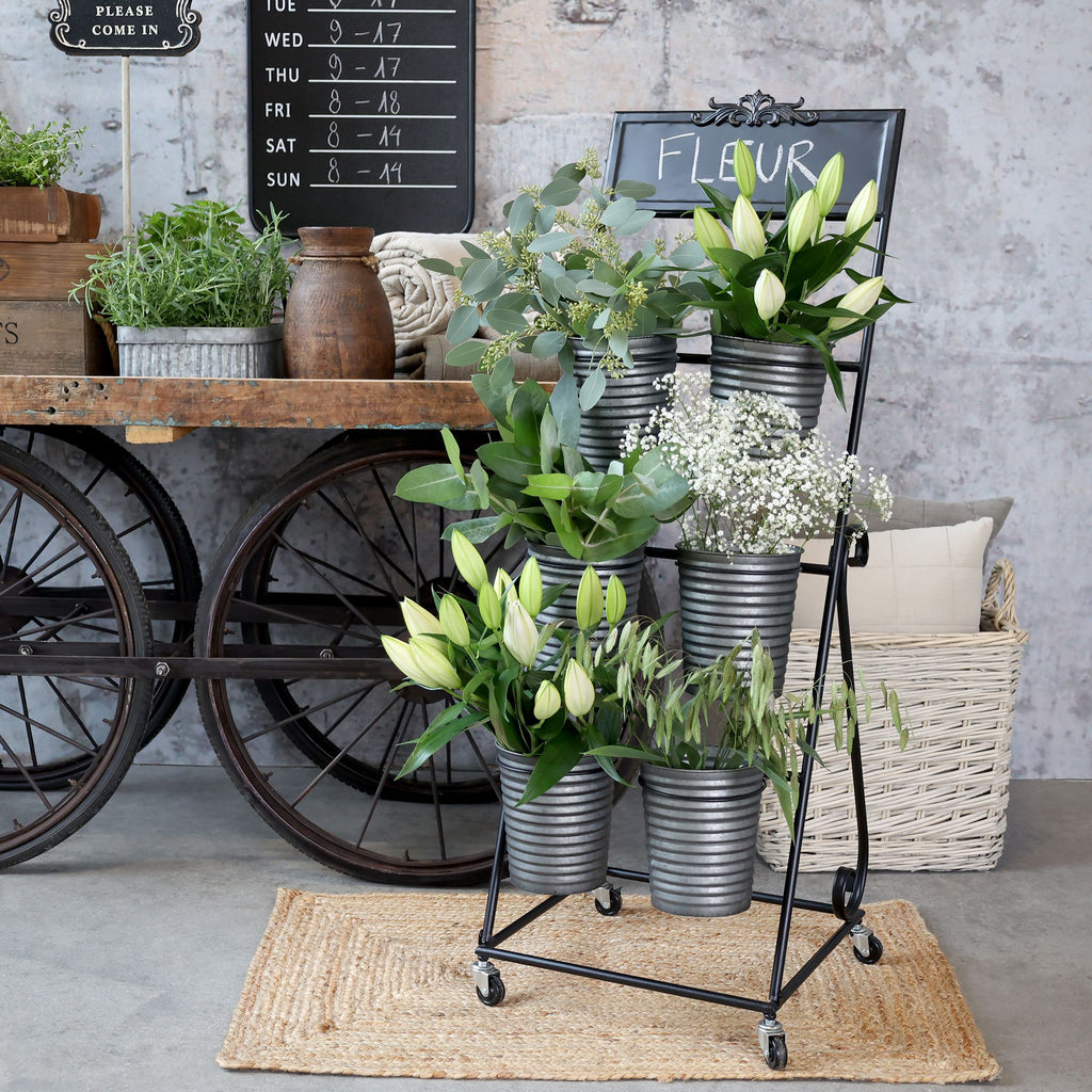 Plantenstandaard met 6 plantenbakken – antiek zink – 114,5 cm