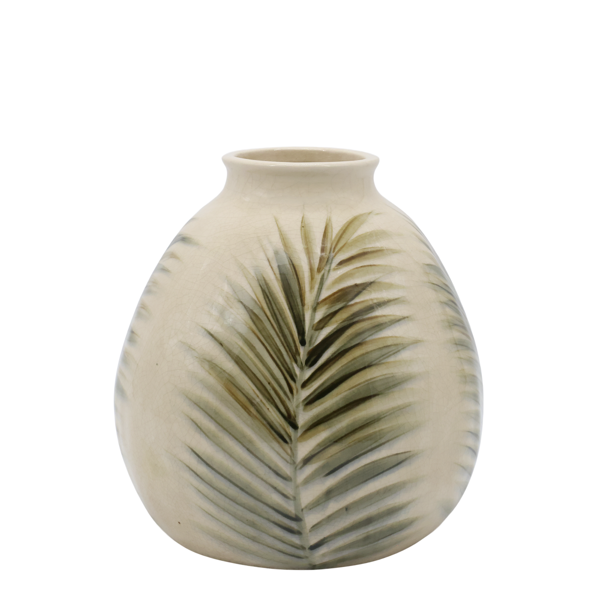 Keramieken vaas met bladmotief – crème & groen – 23 cm
