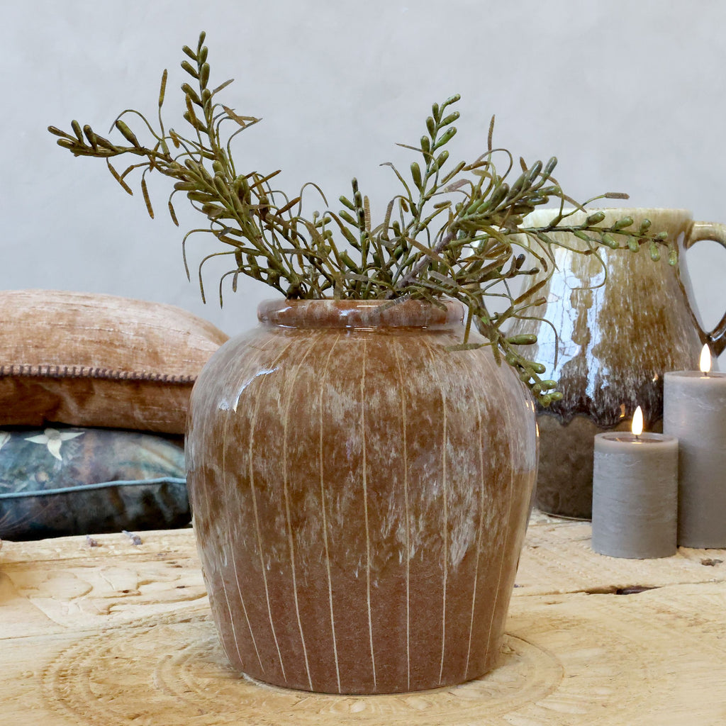 Keramieken vaas met strepen – mocca – 23 cm