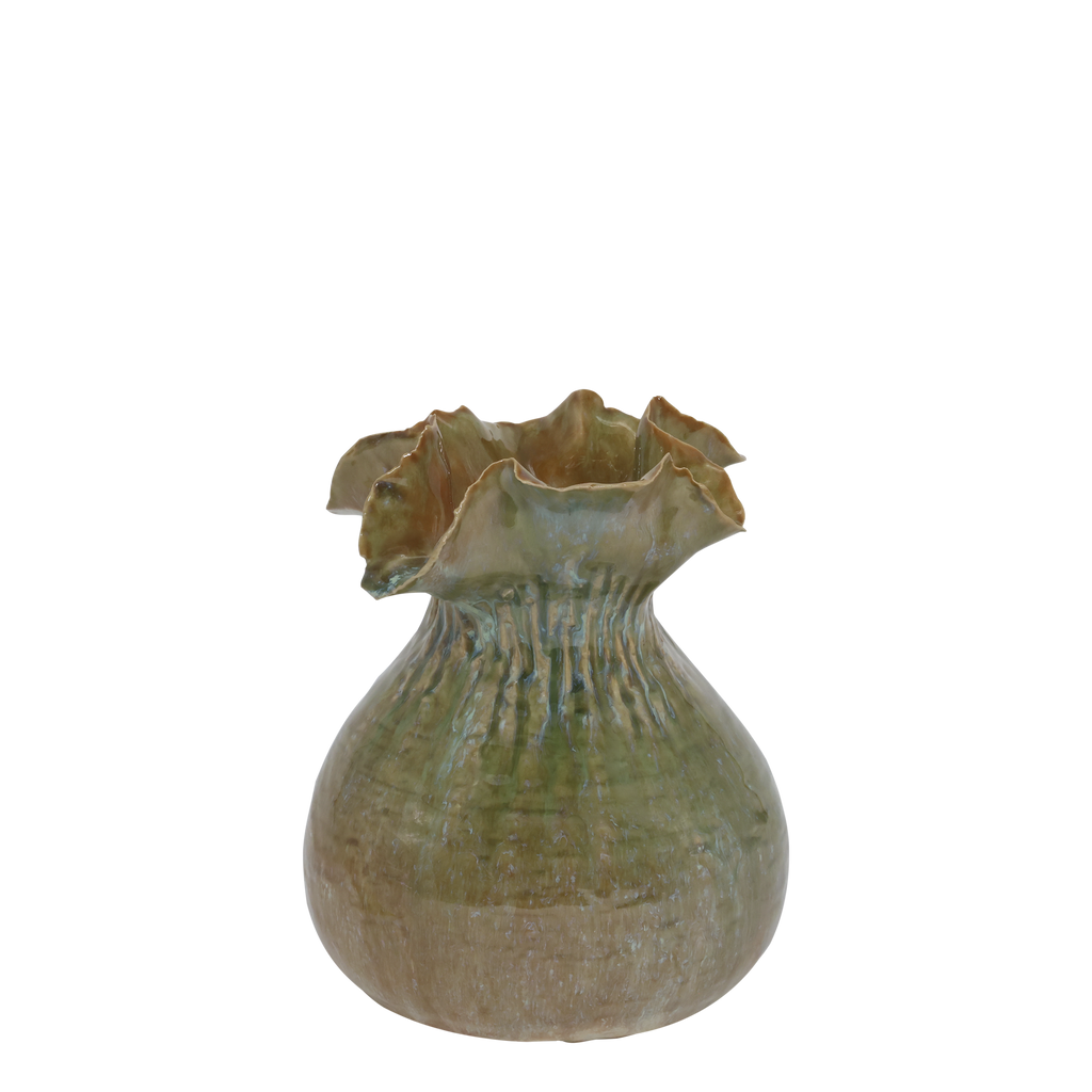 Keramieken vaas met golvende rand – groen – 16 cm