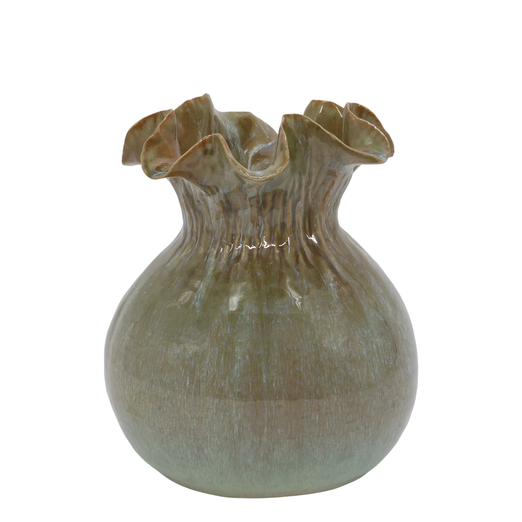 Keramieken vaas met golvende rand – groen – 21,5 cm