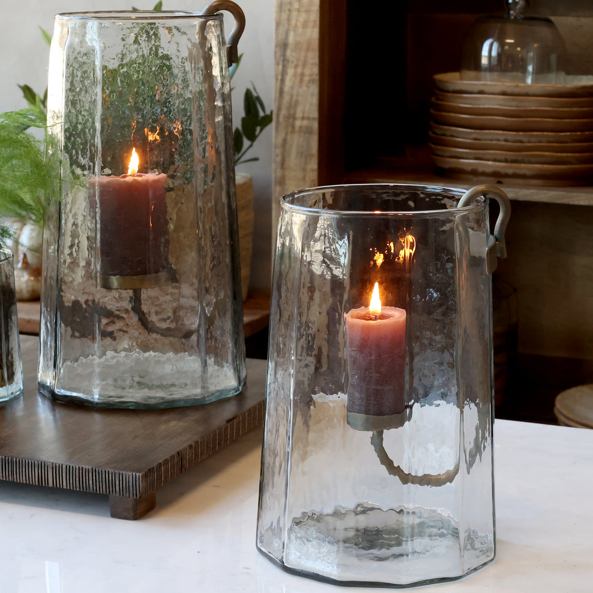 Chic Antique Windlicht met Messing Kandelaar – Helder Glas