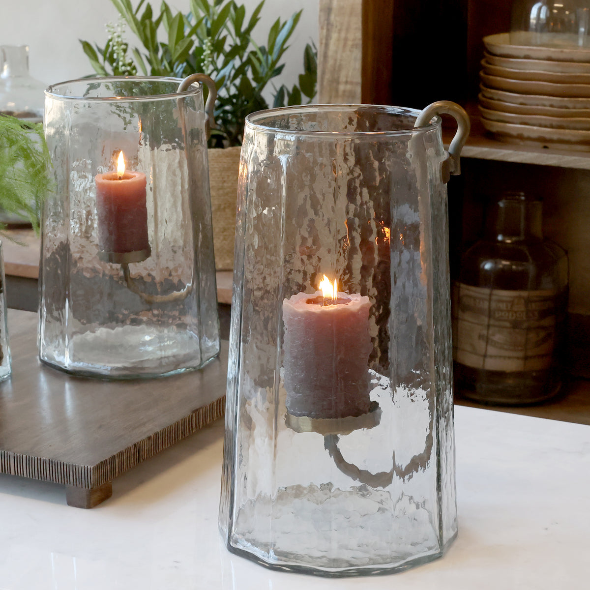 Windlicht met Messing Kandelaar – Helder Glas H36 cm