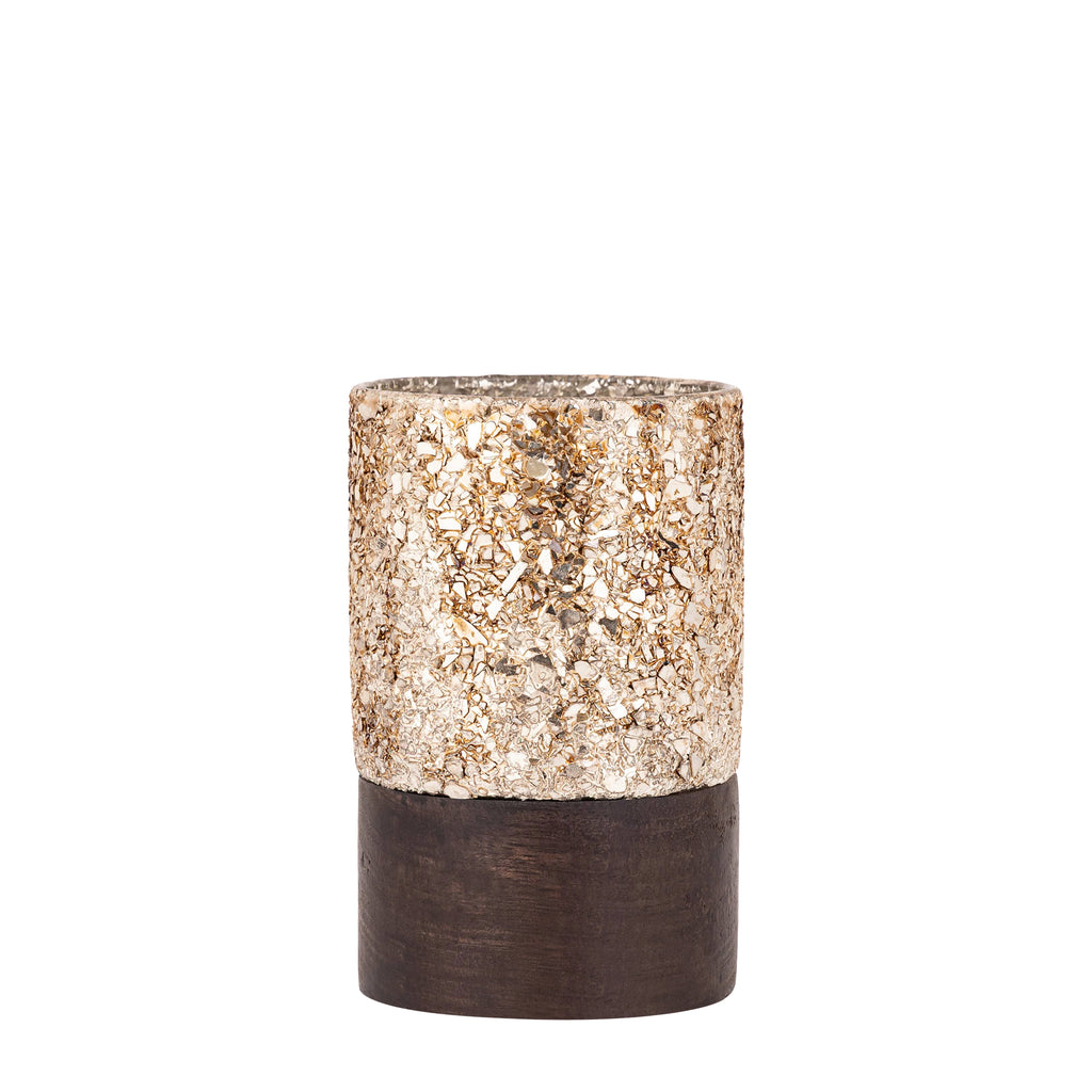 PTMD Lucell Mozaïek Windlicht met Houten Voet – Brons 12 cm