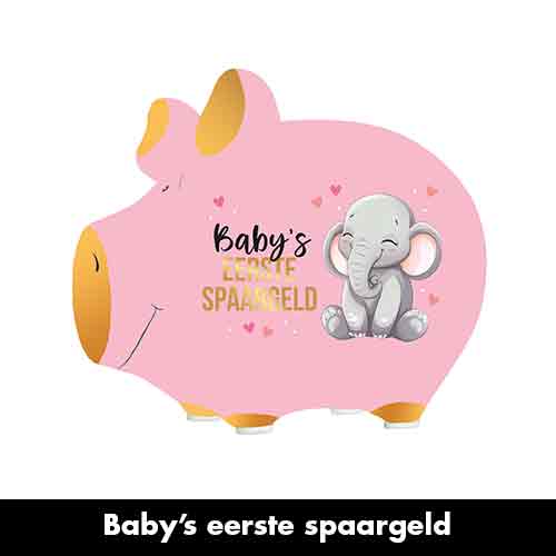 Spaarvarken Baby’s eerste spaargeld in roze van Artige – kraamcadeau