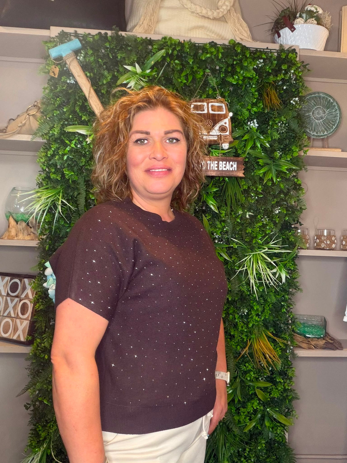 Short sleeve top strass chocolade bruin — afbeelding 2