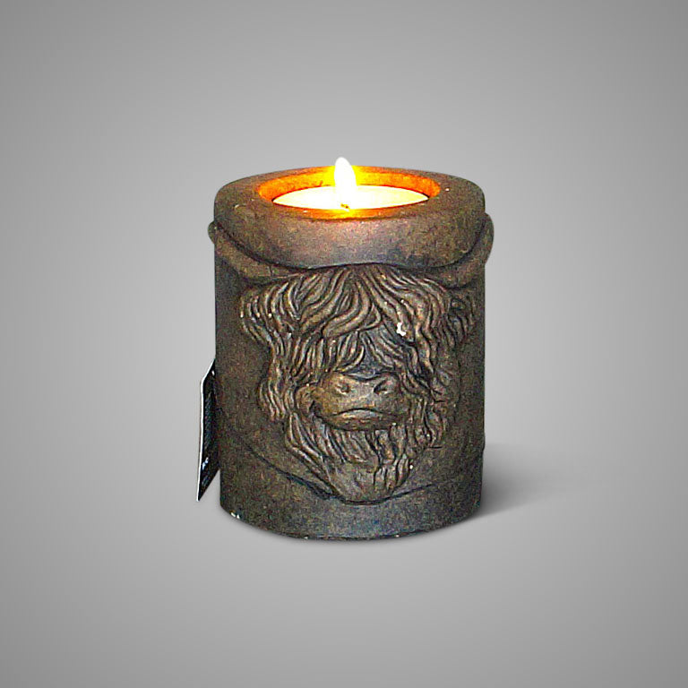 BRYNXZ waxinelichthouder Scotty Tealightholder in Majestic Brown, maat L (Ø11 x H12 cm), met reliëf van een Schotse hooglander