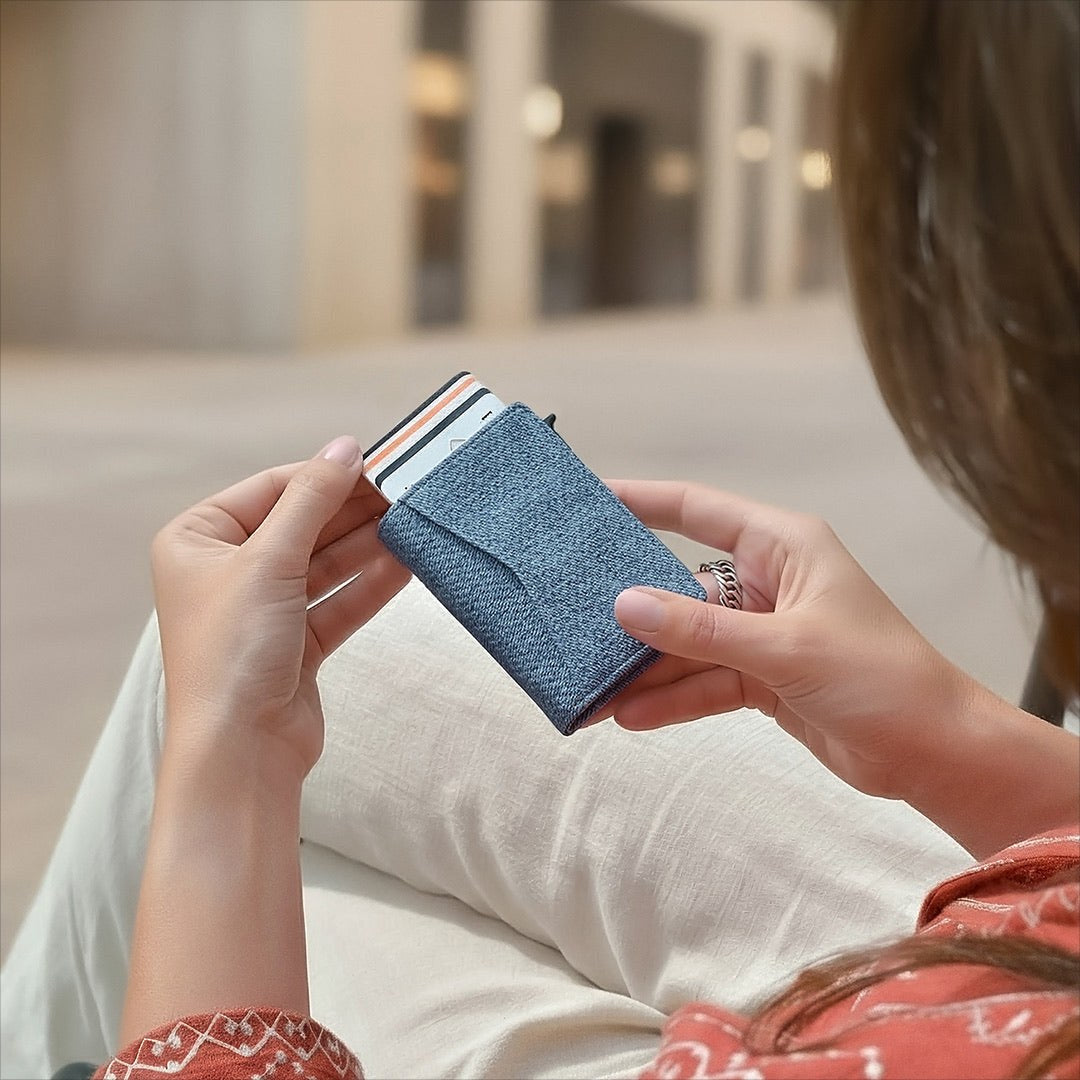 Prowallet portemonnee Slim in denim – sfeerfoto