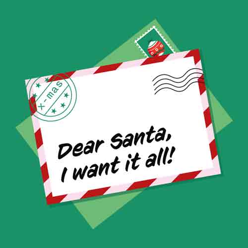 Groen tegeltje met een kerstbrief aan de kerstman en de tekst 'Dear Santa, I want it all!'