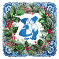 Tegeltje in Delfts blauwe stijl met een kussend paartje in een kerstkrans met rode besjes