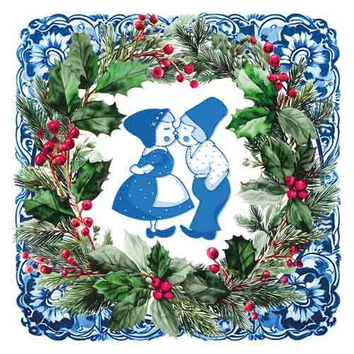 Tegeltje in Delfts blauwe stijl met een kussend paartje in een kerstkrans met rode besjes