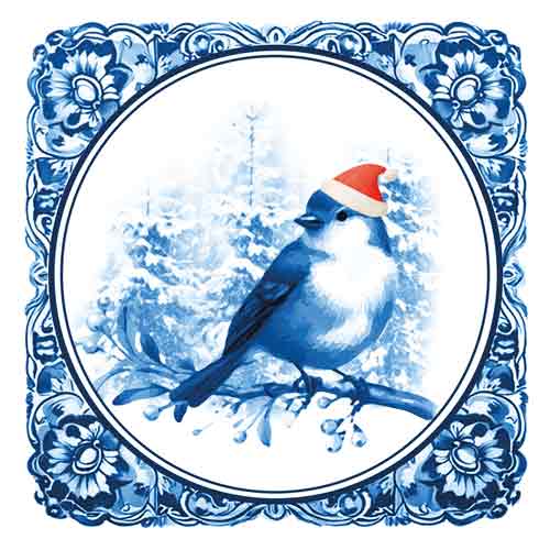Tegeltje in Delfts blauwe stijl met een vogeltje met rode kerstmuts op een besneeuwde tak