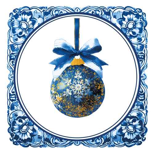 Tegeltje in Delfts blauwe stijl met sierrand en een blauwe kerstbal met strik en sneeuwvlok