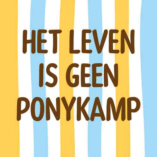 Tegeltje met gele, blauwe en witte strepen en de bruine tekst 'Het leven is geen ponykamp'
