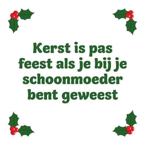 Wit tegeltje met groene tekst Kerst is pas feest als je bij je schoonmoeder bent geweest en hulst