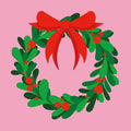 Roze tegeltje met een groene kerstkrans met rode strik en besjes