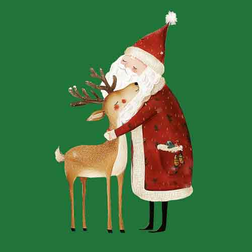 Groen tegeltje met een kerstman die een hertje knuffelt