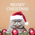 Tegeltje met een grijze kat met kerstmuts tussen rode kerstballen en tekst Meowy Christmas