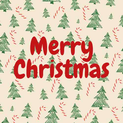 Crème tegeltje met rode tekst Merry Christmas tussen kerstboompjes en zuurstokjes