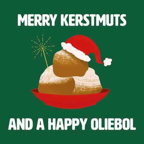 Groen tegeltje met oliebollen met een kerstmuts en sterretje en de tekst 'Merry Kerstmuts and a Happy Oliebol'