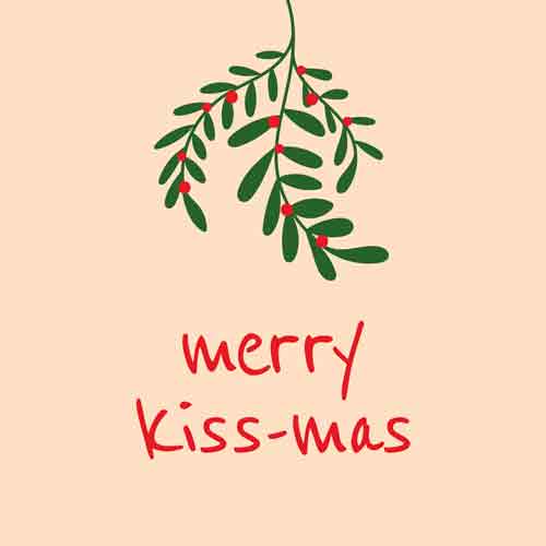 Zachtroze tegeltje met een tak maretak met rode besjes en de rode tekst 'merry kiss-mas'