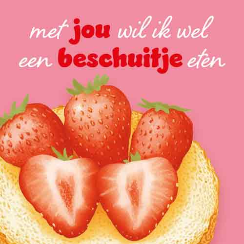 Roze tegeltje met tekst Met jou wil ik wel een beschuitje eten en een beschuit met aardbeien