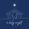 Donkerblauw tegeltje met een lijntekening van de kerststal, een ster en tekst o holy night