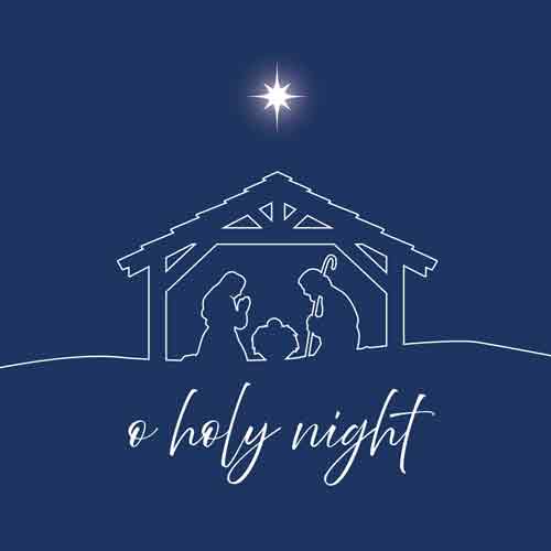 Donkerblauw tegeltje met een lijntekening van de kerststal, een ster en tekst o holy night