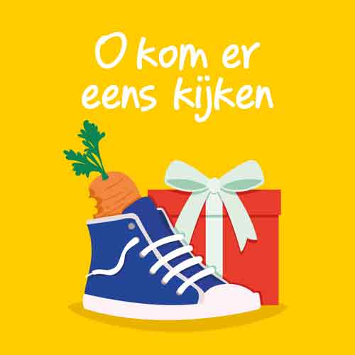 Geel tegeltje met een blauwe sneaker met wortel en een rood cadeautje en de tekst 'O kom er eens kijken'