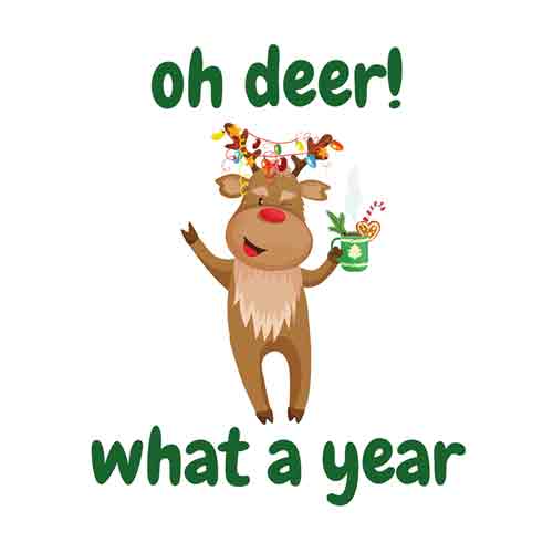 Wit tegeltje met een rendier met kerstlampjes en tekst oh deer what a year