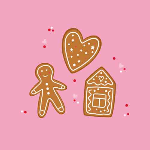 Roze tegeltje met een peperkoekmannetje, peperkoekhart en peperkoekhuisje