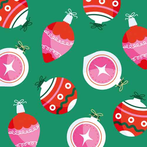 Groen tegeltje met een patroon van roze, rode en witte kerstballen