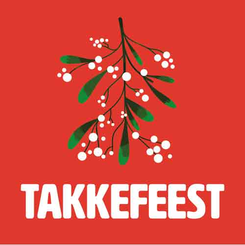 Rood tegeltje met een tak maretak en de tekst 'Takkefeest' in witte letters