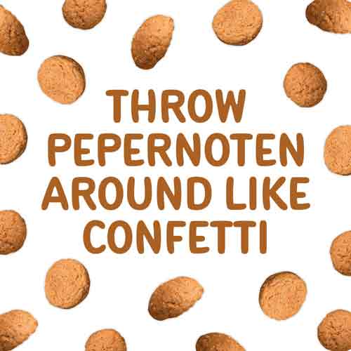 Wit tegeltje met bruine tekst Throw pepernoten around like confetti tussen pepernoten