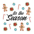 Wit tegeltje met tekst Tis the season tussen peperkoekmannetjes, zuurstokken en kerstballen