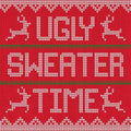 Rood tegeltje in kersttruiprint met rendieren en tekst ugly sweater time