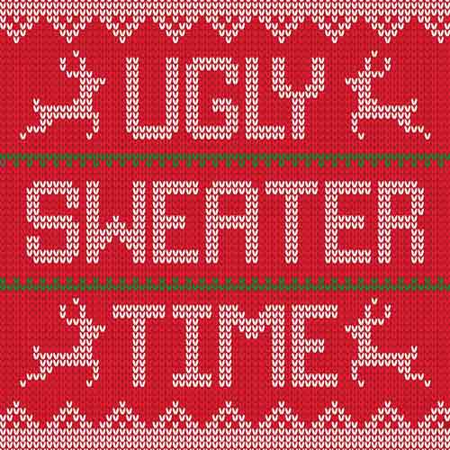 Rood tegeltje in kersttruiprint met rendieren en tekst ugly sweater time