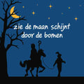 Donkerblauw tegeltje met maan, sterren en silhouet van Sinterklaas op zijn paard met tekst Zie de maan schijnt door de bomen