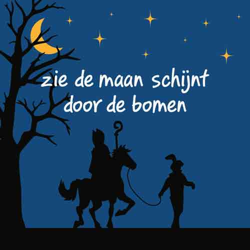 Donkerblauw tegeltje met maan, sterren en silhouet van Sinterklaas op zijn paard met tekst Zie de maan schijnt door de bomen