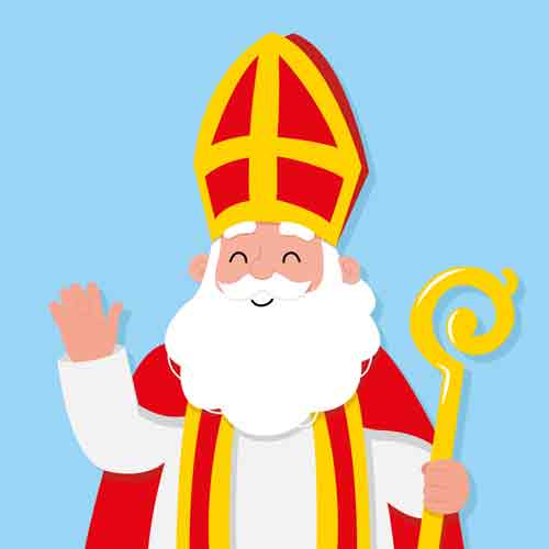 Lichtblauw tegeltje met een illustratie van een zwaaiende Sinterklaas met mijter en staf